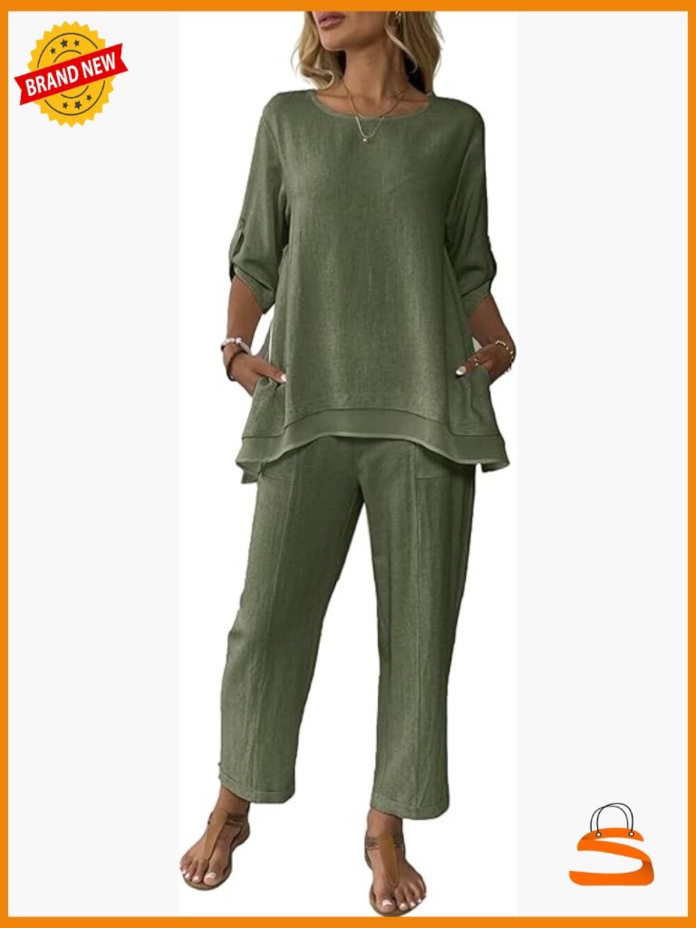 Women's 2 Piece Linen Set Rolled Sleeve Crop Pants Suit Casual